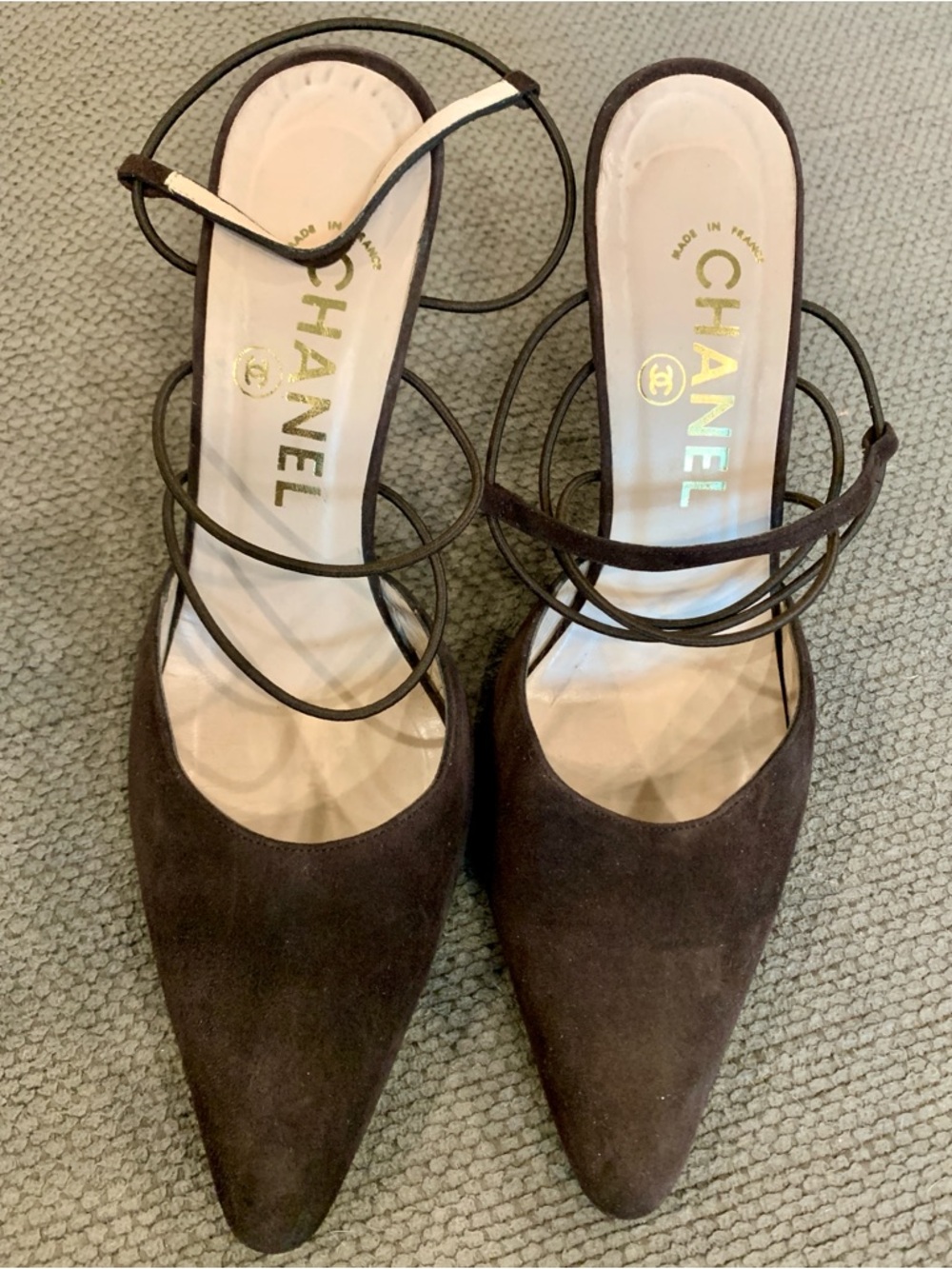 Vintage CHANEL Brown Suede Pointed Toe Wrap-Ankle Pumps